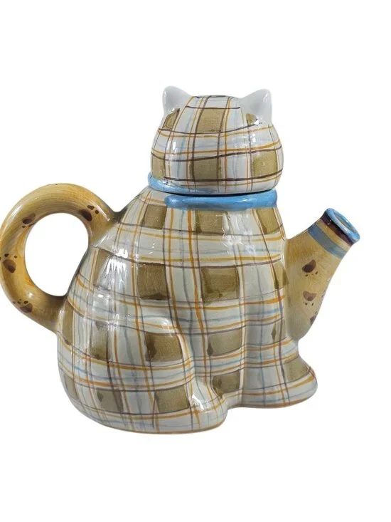 Sakura Plaid Kitty Cat Ceramic Teapot Debbie Mumm Handpainted Kitty Cat Teapot - Picture 3 of 7